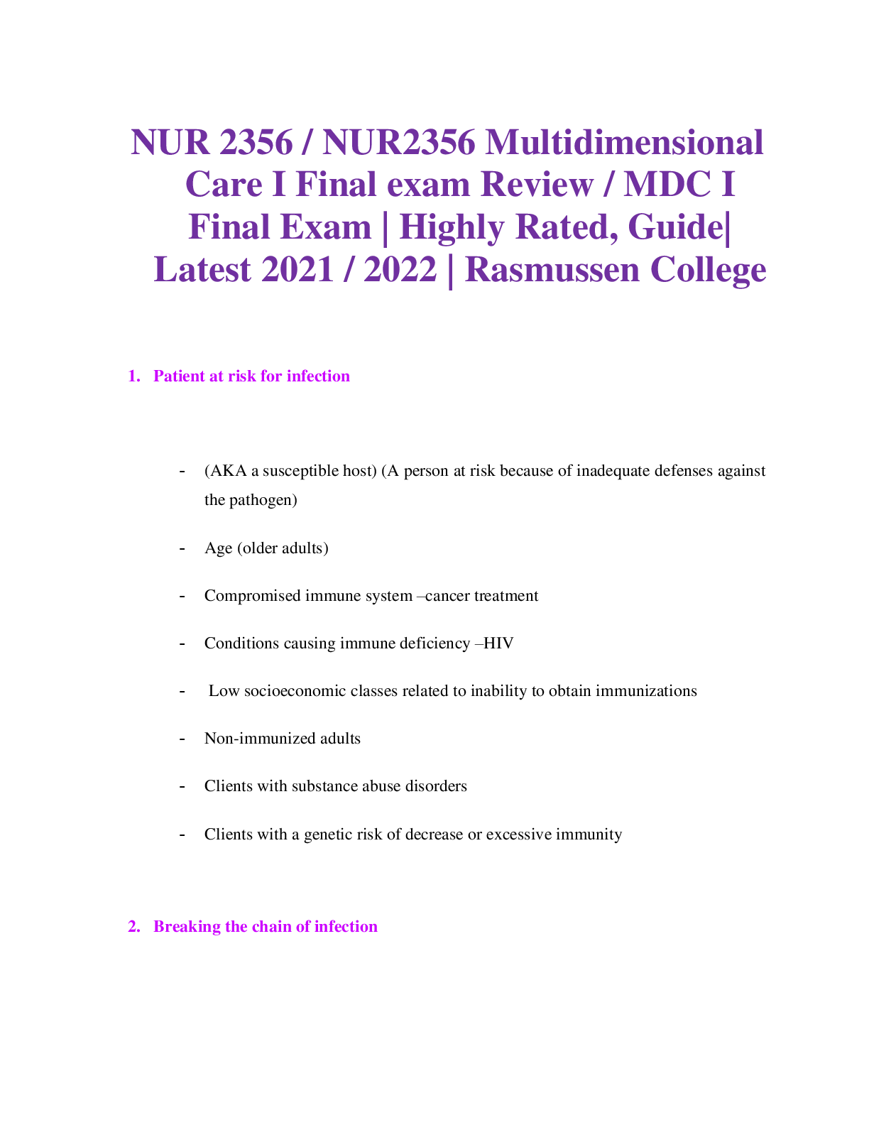 Preview image for NUR 2356 / NUR2356 Multidimensional Care I Final exam Review / MDC I Final Exam | Highly Rated, Guide| Rasmussen College